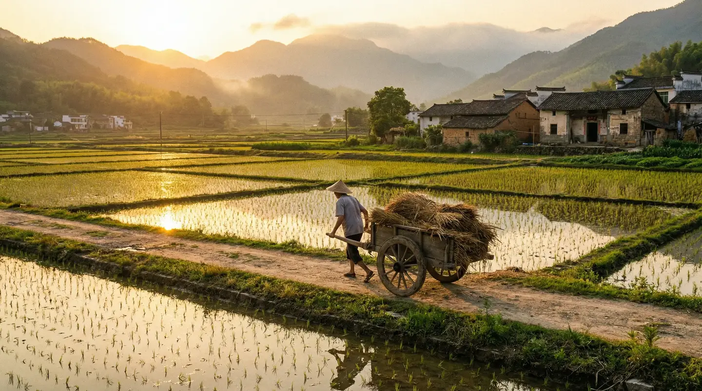 两个人的免费观看高清视频图片 - 金色夕阳下的乡村田野，老农推着木车行走在田埂上